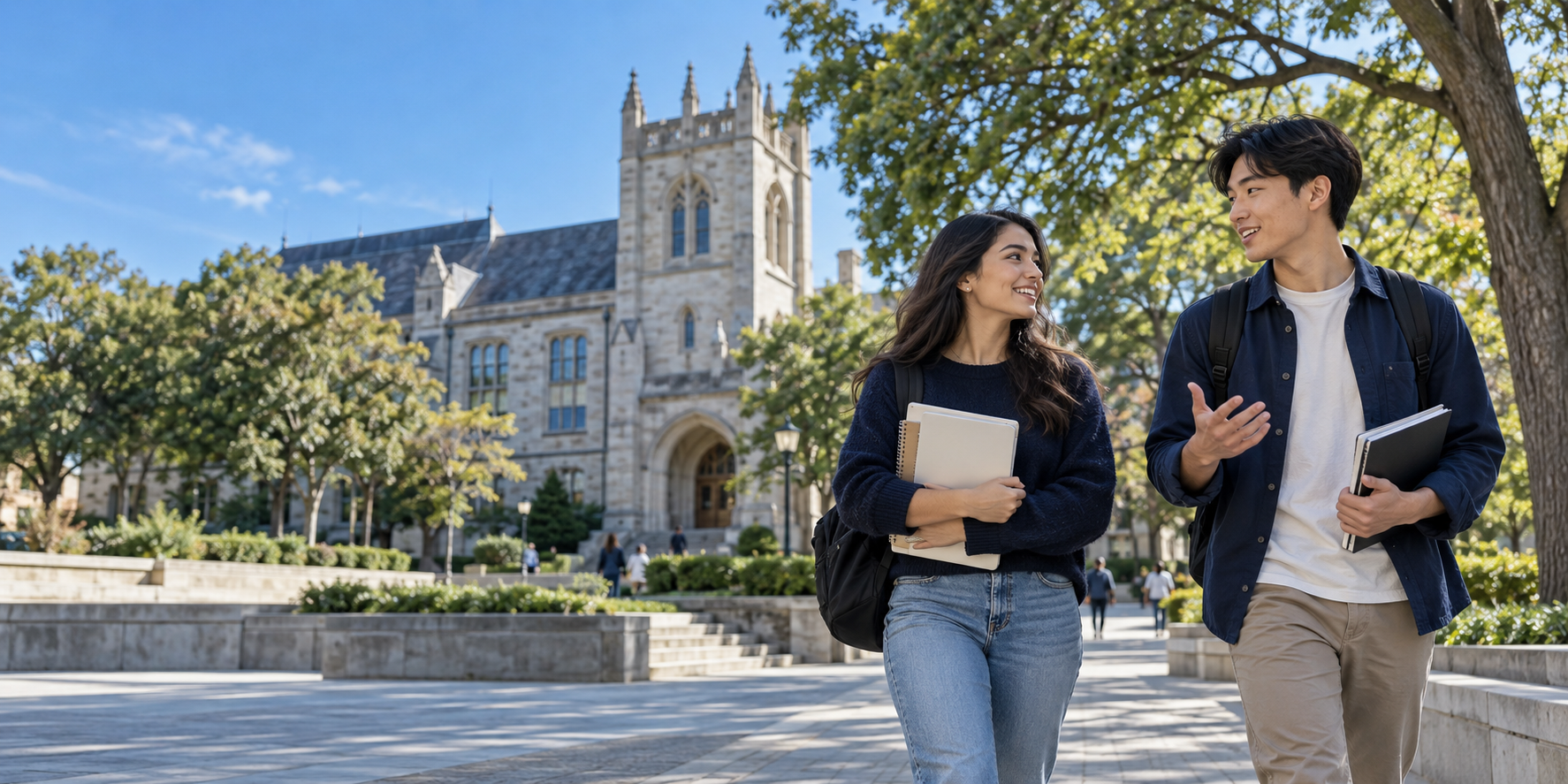 Students walking across a university campus